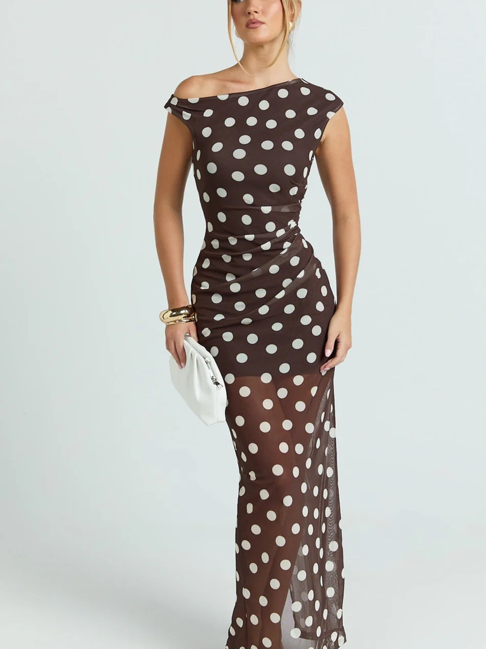 Showpo Brown and White Polka Dot Off-Shoulder Maxi Dress with Ruched Waist